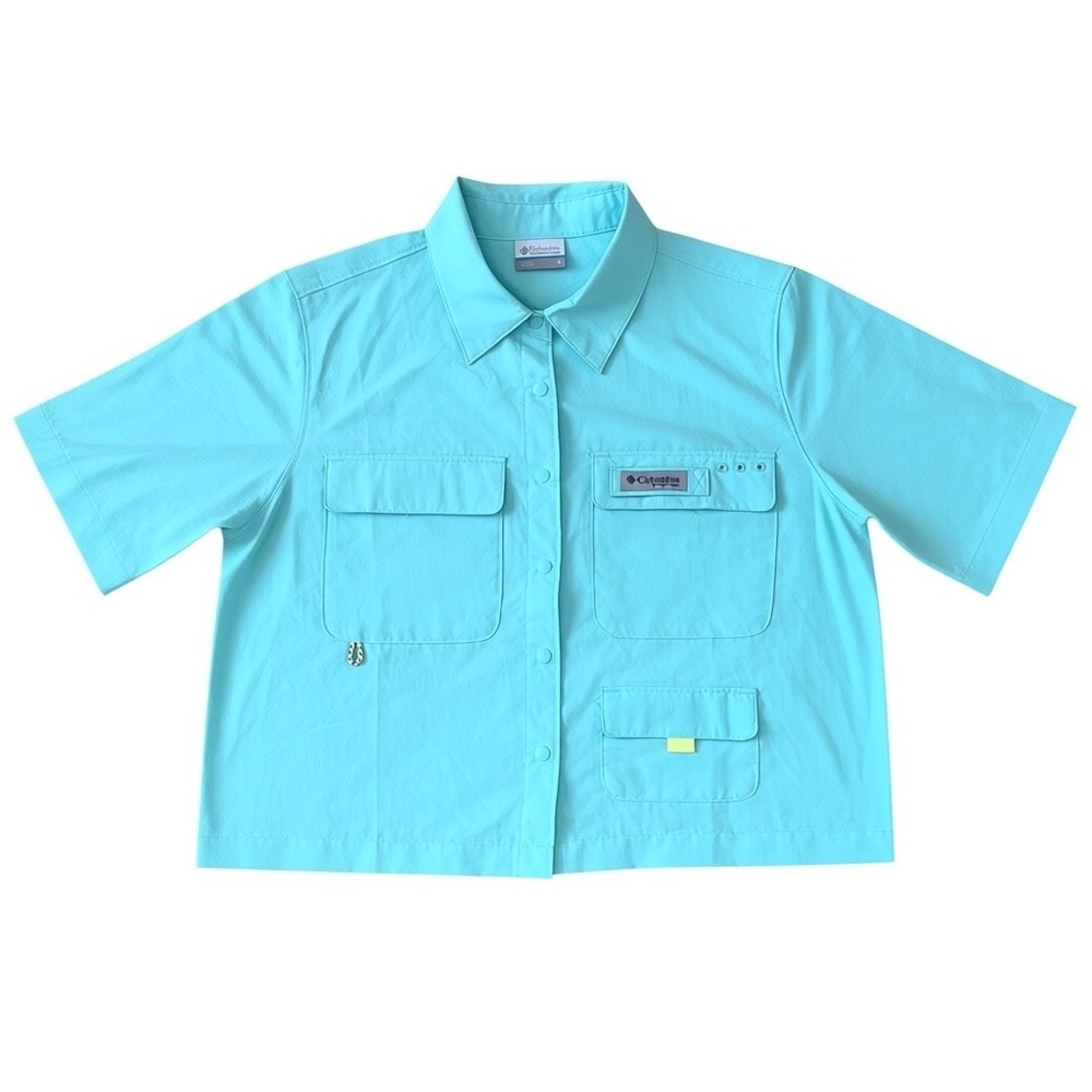 Columbia PFG Open Water Short Sleeve Shirt Aqua Blue Cropped Fishing FL6101-499